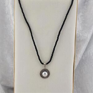 Beautiful Sterling Silver 925 Button Pearl Necklace On Black Cord
